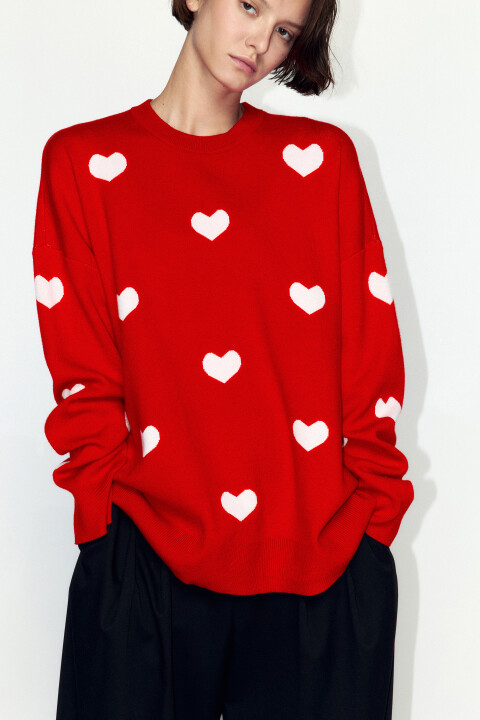 

Джемпер толстой вязки с принтом в сердечко, Красный, Джемпер толстой вязки с принтом в сердечко