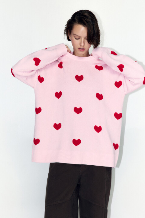 

Джемпер толстой вязки с принтом в сердечко, Розовый, Джемпер толстой вязки с принтом в сердечко