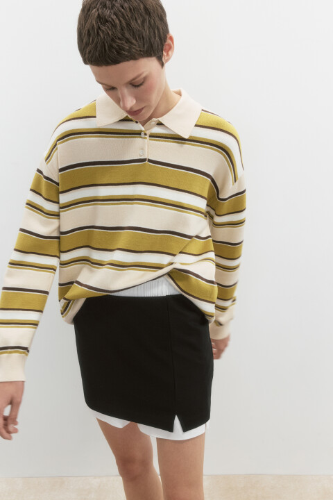 

Джемпер-поло тонкой вязки в полоску, Зеленый, Джемпер-поло тонкой вязки в полоску