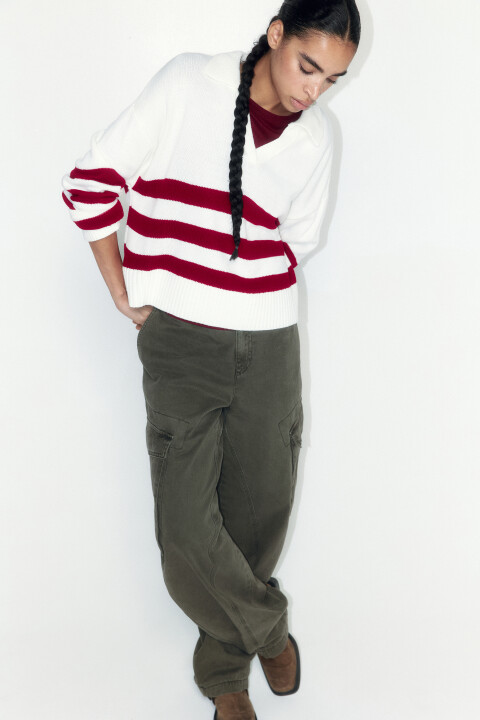 

Джемпер-поло вязаный укороченный в полоску, Красный, Джемпер-поло вязаный укороченный в полоску