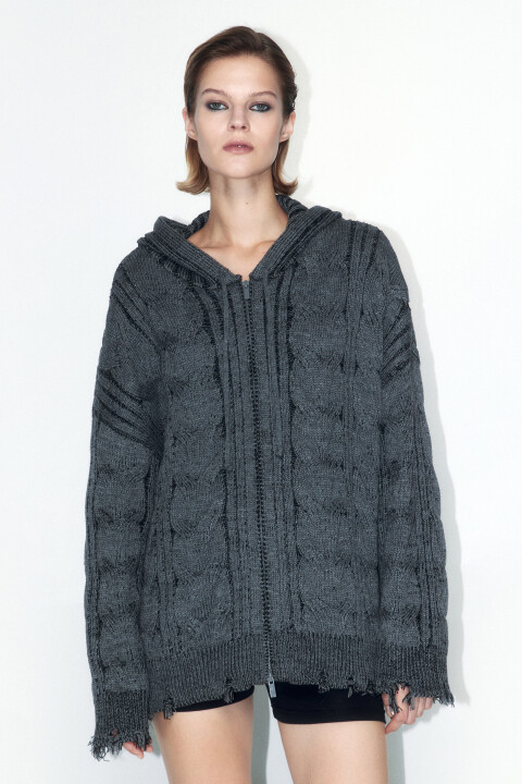 

Кардиган oversize вязаный рваный с капюшоном, Серый, Кардиган oversize вязаный рваный с капюшоном