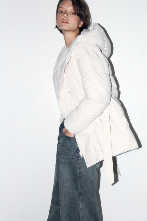 

Куртка стеганая с капюшоном и поясом, Молочный, Куртка стеганая с капюшоном и поясом