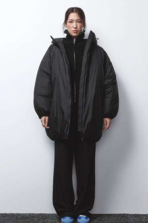 

Куртка-бомбер oversize удлиненная с капюшоном, Черный, Куртка-бомбер oversize удлиненная с капюшоном