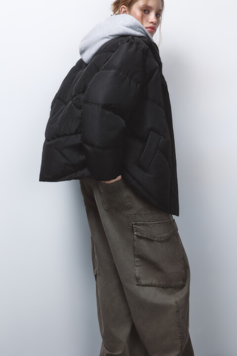 

Куртка стеганая с трикотажным капюшоном, Черный, Куртка стеганая с трикотажным капюшоном