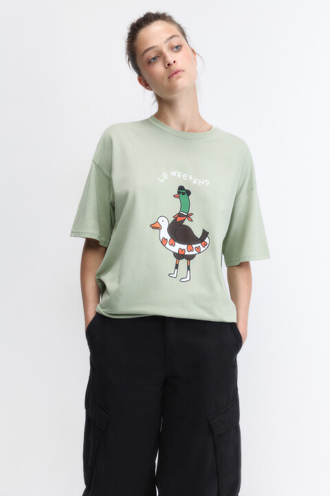 Футболка oversize хлопковая с принтом и надписью, Зеленый, Футболка oversize хлопковая с принтом и надписью