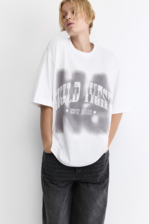 

Футболка oversize хлопковая с принтом, Белый, Футболка oversize хлопковая с принтом