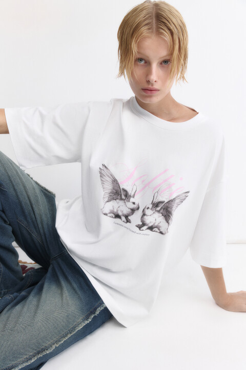 

Футболка oversize хлопковая с принтом, Белый, Футболка oversize хлопковая с принтом