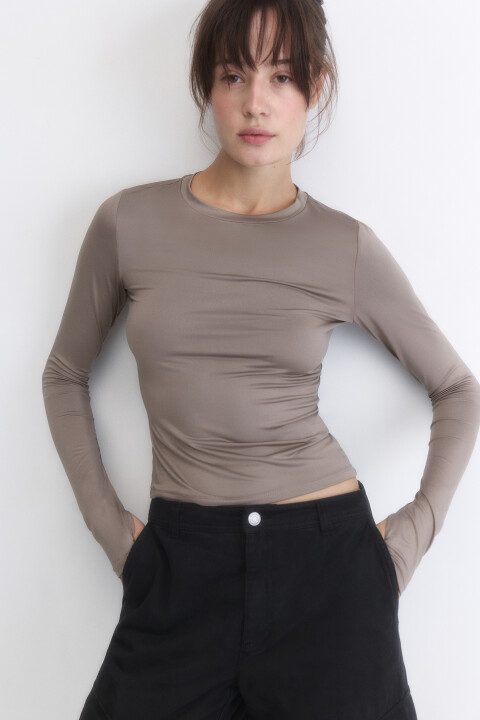 

Лонгслив облегающий из гладкого трикотажа, Коричневый, Лонгслив облегающий из гладкого трикотажа