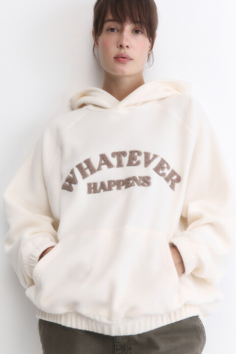 

Худи-флиска oversize с капюшоном и принтом, Молочный, Худи-флиска oversize с капюшоном и принтом