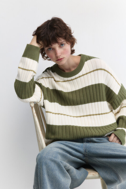 

Джемпер толстой вязки в полоску, Зеленый, Джемпер толстой вязки в полоску