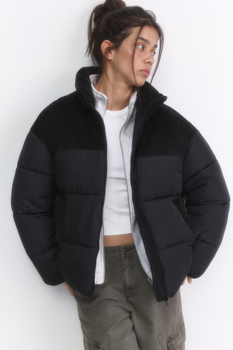 

Куртка-пуховик стеганая с вельветовой вставкой, Черный, Куртка-пуховик стеганая с вельветовой вставкой