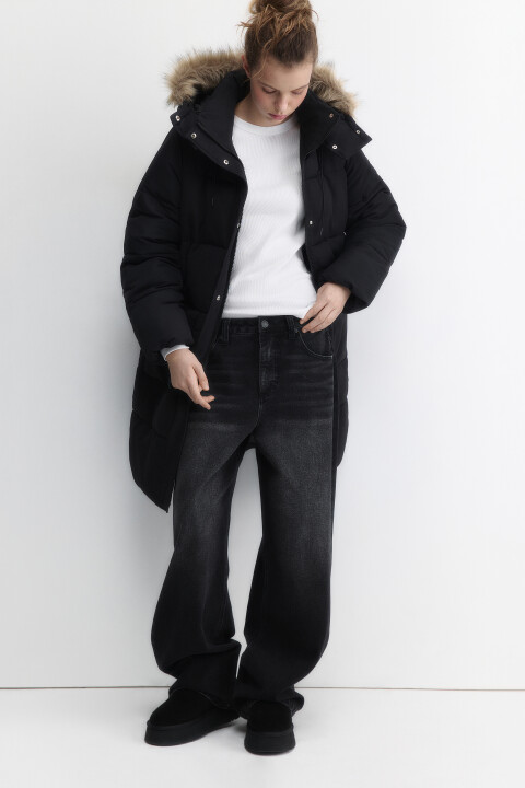 

Куртка удлиненная с капюшоном и опушкой, Черный, Куртка удлиненная с капюшоном и опушкой