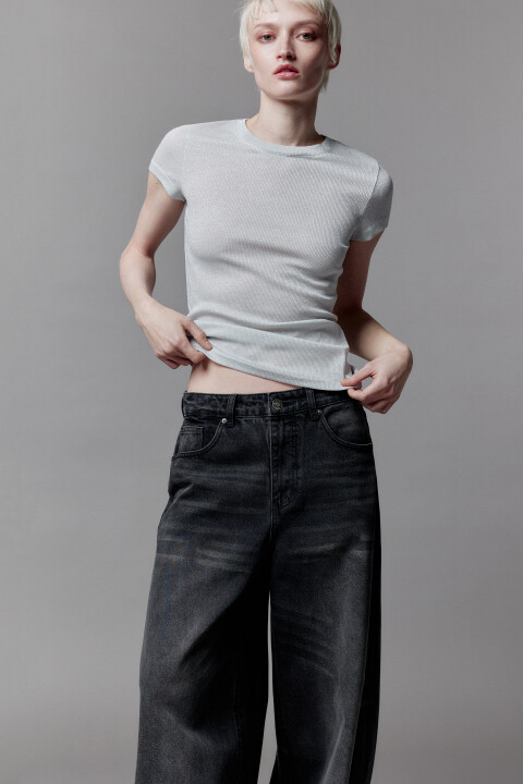 

Футболка облегающая блестящая с люрексом, Серый, Футболка облегающая блестящая с люрексом