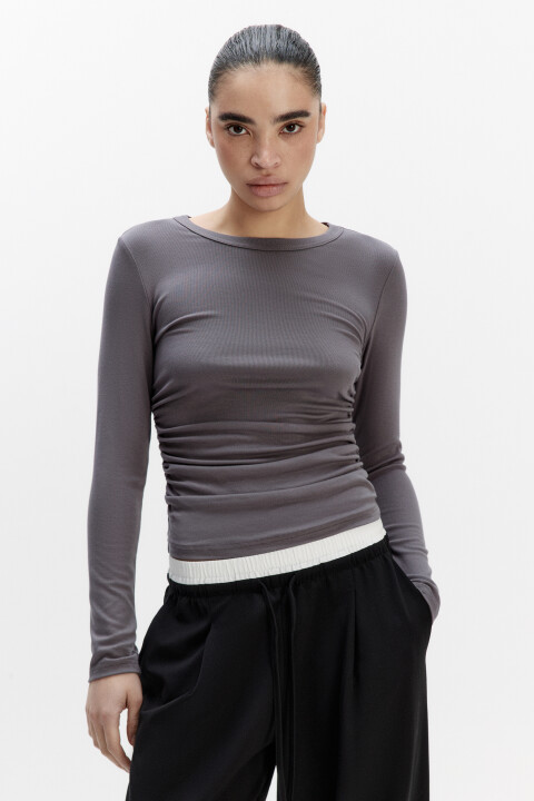 

Лонгслив в рубчик вискозный с драпировками, Серый, Лонгслив в рубчик вискозный с драпировками