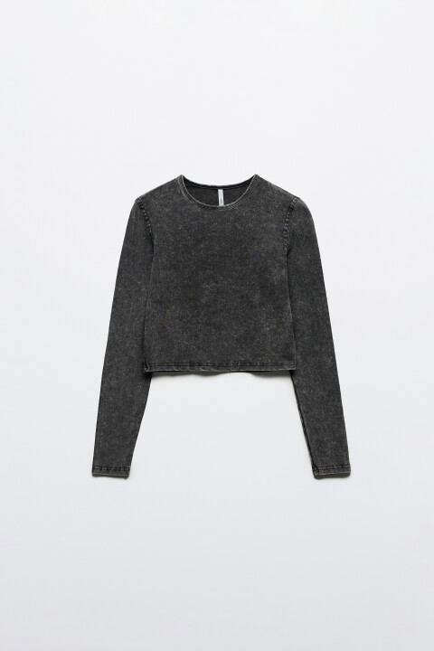 

Лонгслив укороченный с вареным эффектом, Серый, Лонгслив укороченный с вареным эффектом