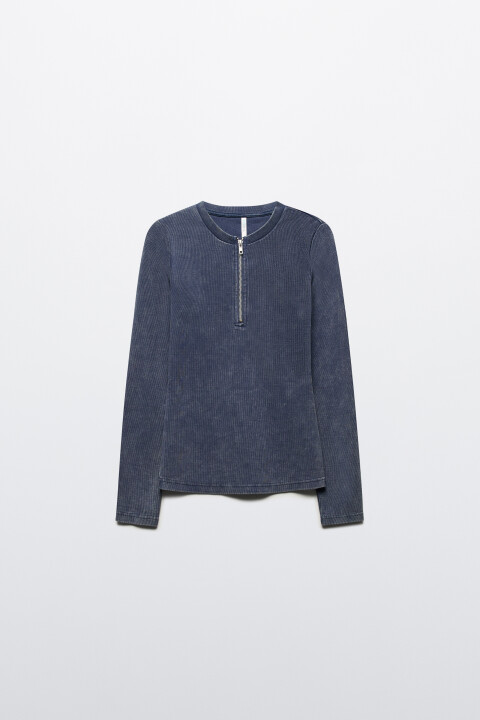 

Лонгслив в рубчик с молнией на груди, Синий, Лонгслив в рубчик с молнией на груди