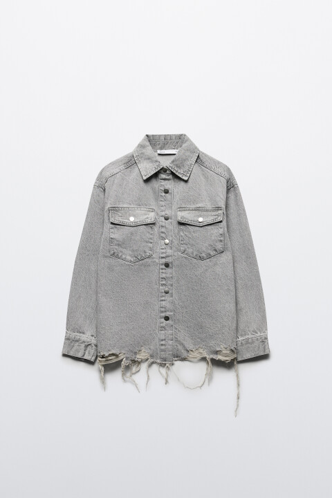 

Рубашка oversize джинсовая рваная, Серый, Рубашка oversize джинсовая рваная