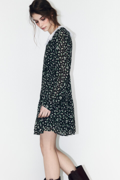 

Платье мини с белым воротничком и оборками, Черный, Платье мини с белым воротничком и оборками