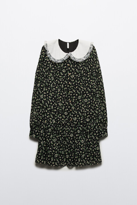 

Платье мини с белым воротничком и оборками, Черный, Платье мини с белым воротничком и оборками