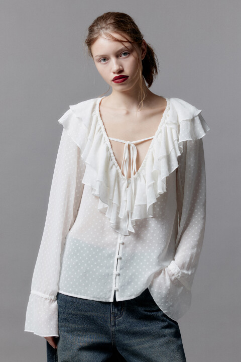 

Блузка шифоновая с воланами и завязками, Бежевый, Блузка шифоновая с воланами и завязками