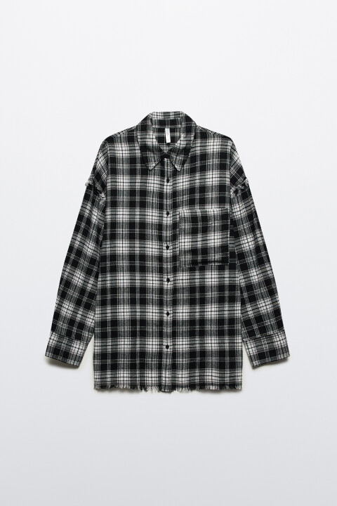 

Рубашка oversize клетчатая с бахромой по низу, Черный, Рубашка oversize клетчатая с бахромой по низу