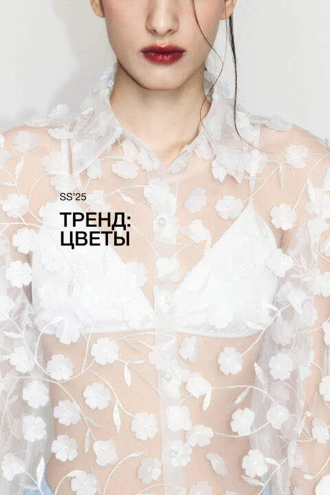 

Рубашка из органзы с цветочными аппликациями, Бежевый, Рубашка из органзы с цветочными аппликациями