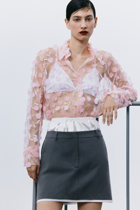 

Рубашка из органзы с цветочными аппликациями, Розовый, Рубашка из органзы с цветочными аппликациями