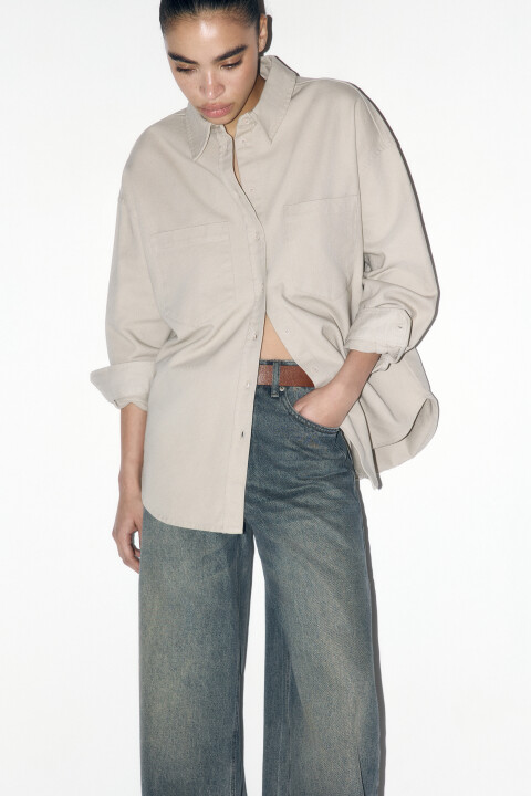 

Рубашка oversize из плотного хлопка, Бежевый, Рубашка oversize из плотного хлопка