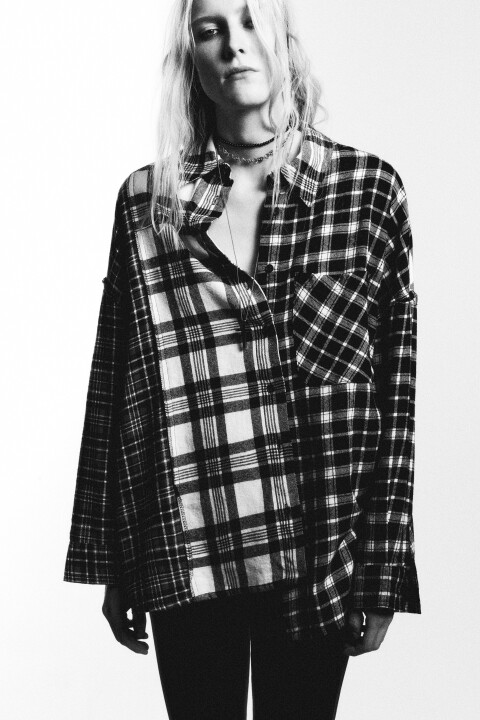 

Рубашка oversize клетчатая в стиле пэчворк, Черный, Рубашка oversize клетчатая в стиле пэчворк