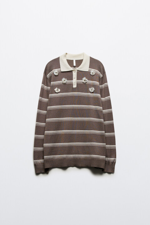 

Джемпер-поло в полоску с цветочным декором, Бежевый, Джемпер-поло в полоску с цветочным декором