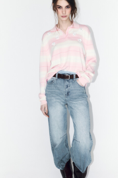 

Джемпер-поло в полоску с цветочным декором, Розовый, Джемпер-поло в полоску с цветочным декором