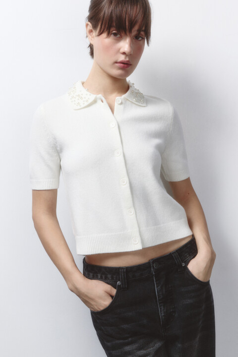 

Кардиган вязаный с короткими рукавами и вышивкой, Молочный, Кардиган вязаный с короткими рукавами и вышивкой