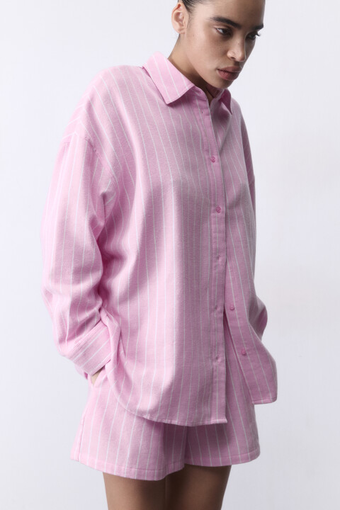 

Рубашка пижамная хлопковая в полоску, Розовый, Рубашка пижамная хлопковая в полоску