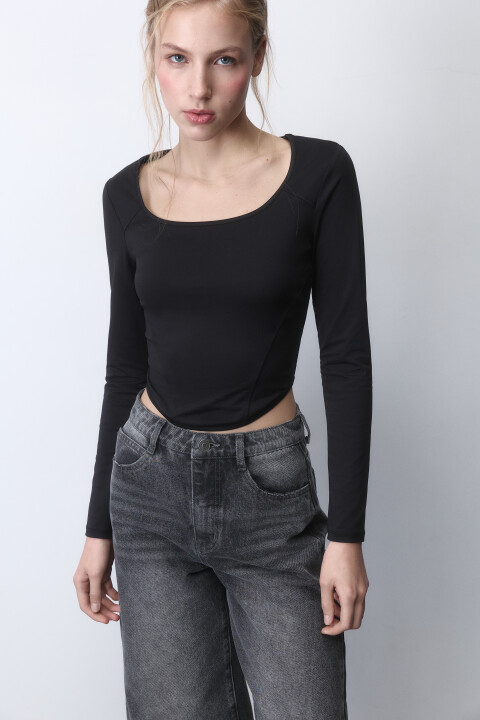 

Лонгслив-корсет трикотажный с вырезом-каре, Черный, Лонгслив-корсет трикотажный с вырезом-каре