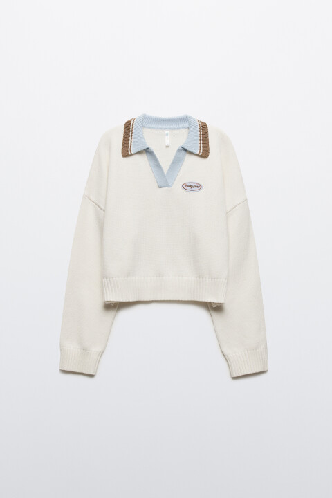 

Джемпер укороченный с воротником-поло, Молочный, Джемпер укороченный с воротником-поло