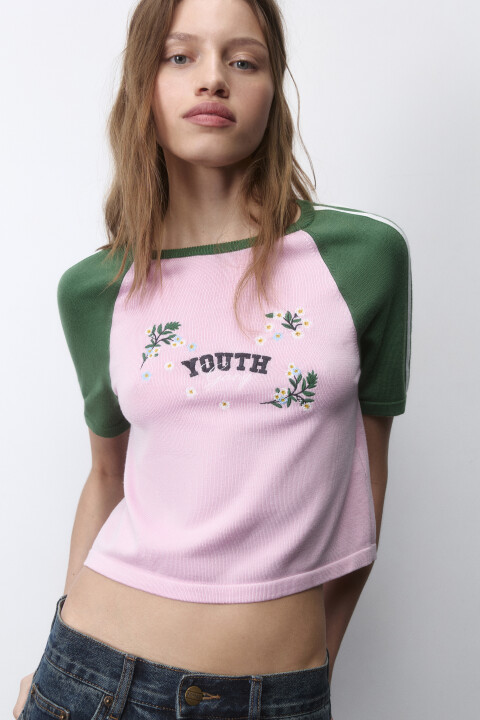 

Футболка-топ с лампасами и вышивкой, Розовый, Футболка-топ с лампасами и вышивкой