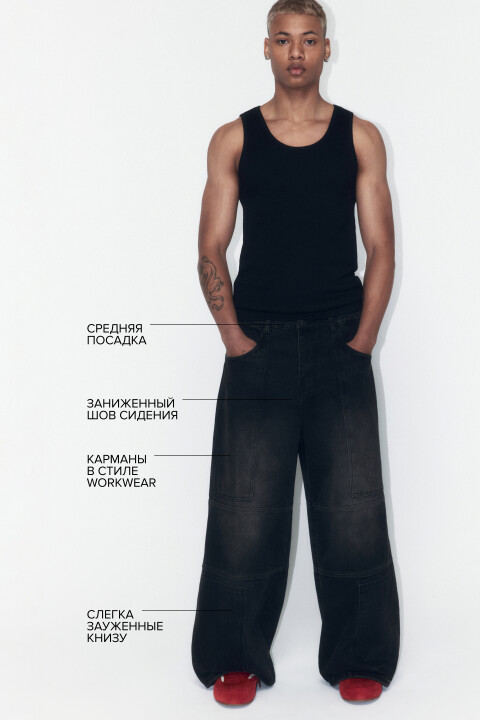 

Джинсы baggy широкие с декоративными швами, Черный, Джинсы baggy широкие с декоративными швами