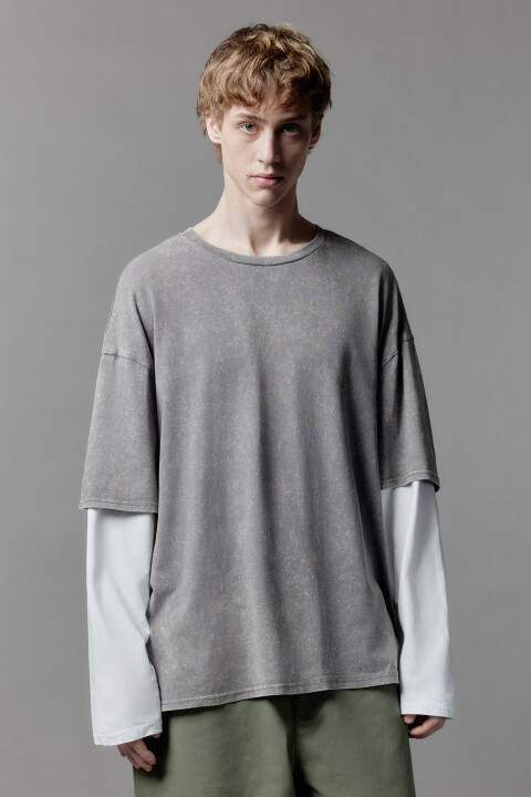 

Лонгслив с двойными рукавами и вареным эффектом, Серый, Лонгслив с двойными рукавами и вареным эффектом