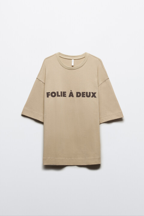 

Футболка oversize хлопковая с надписью, Бежевый, Футболка oversize хлопковая с надписью