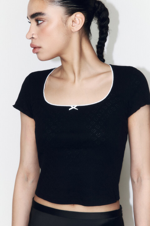 

Футболка-топ ажурная с бантиком и кружевом, Черный, Футболка-топ ажурная с бантиком и кружевом