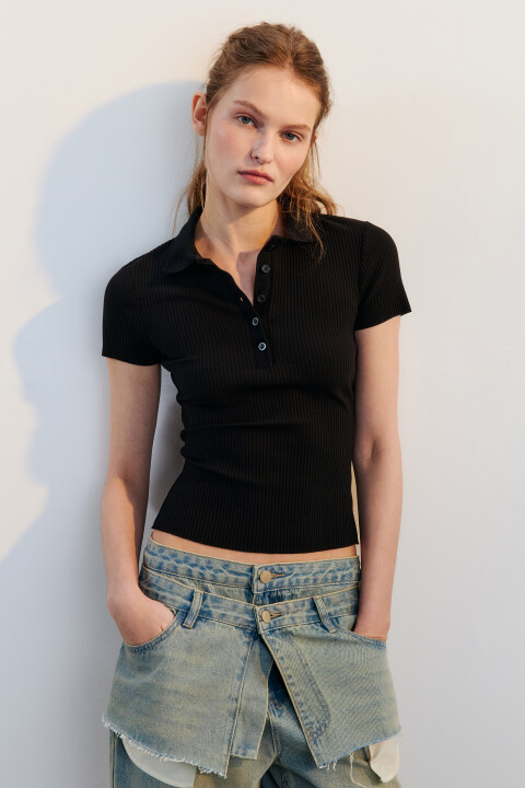 

Футболка-поло приталенная в рубчик, Черный, Футболка-поло приталенная в рубчик