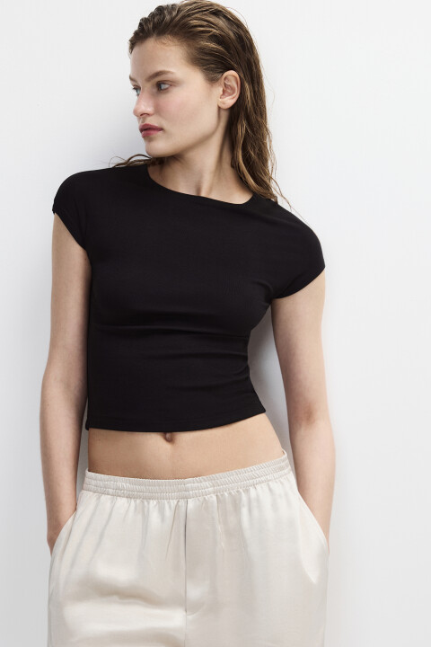 

Футболка-топ с укороченными рукавами, Черный, Футболка-топ с укороченными рукавами