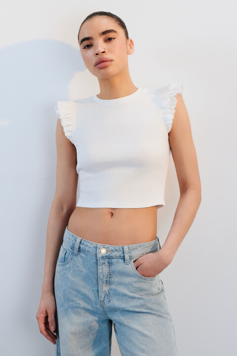 

Топ в рубчик с рукавами-крылышками, Белый, Топ в рубчик с рукавами-крылышками