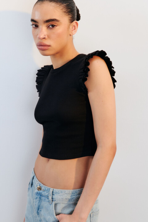 

Топ в рубчик с рукавами-крылышками, Черный, Топ в рубчик с рукавами-крылышками