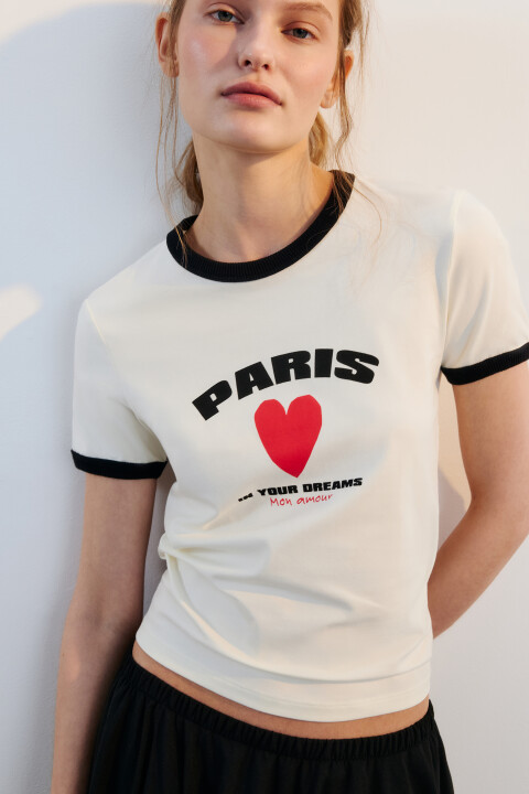 

Футболка с контрастной отделкой и принтом, Бежевый, Футболка с контрастной отделкой и принтом