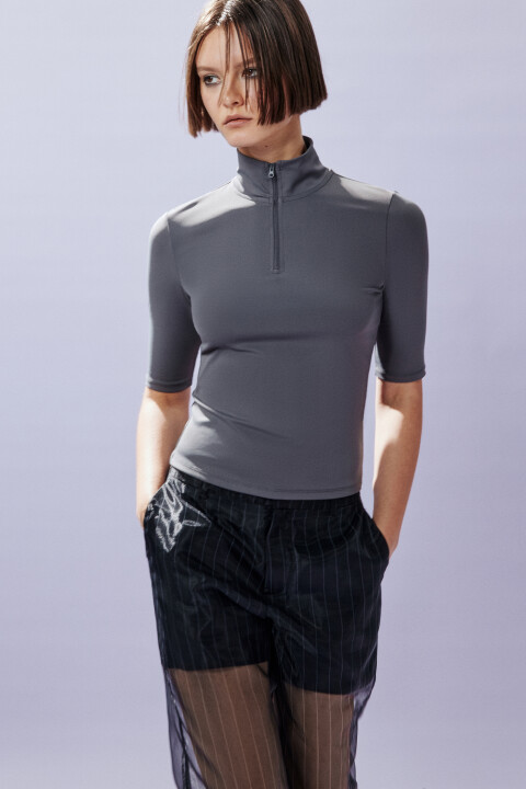 

Футболка с воротником на молнии, Серый, Футболка с воротником на молнии