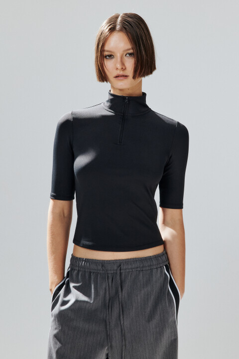 

Футболка с воротником на молнии, Черный, Футболка с воротником на молнии