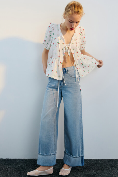 

Джинсы wide leg широкие с подворотами, Голубой, Джинсы wide leg широкие с подворотами