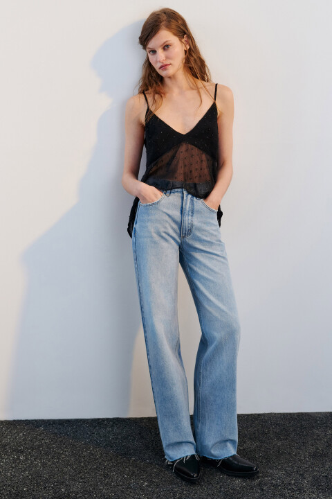 

Джинсы прямые с открытыми срезами, Голубой, Джинсы прямые с открытыми срезами