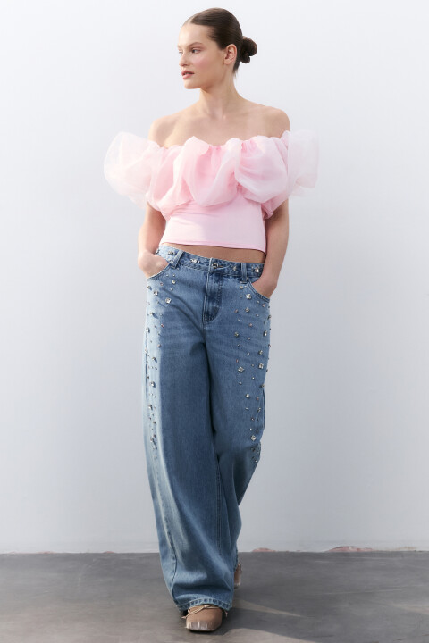 

Джинсы baggy fit с кристаллами, Голубой, Джинсы baggy fit с кристаллами